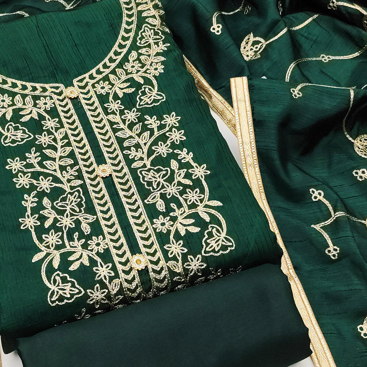 Green Floral Embroidered Art Silk Dress Material