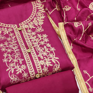Rani Pink Floral Embroidered Art Silk Dress Material