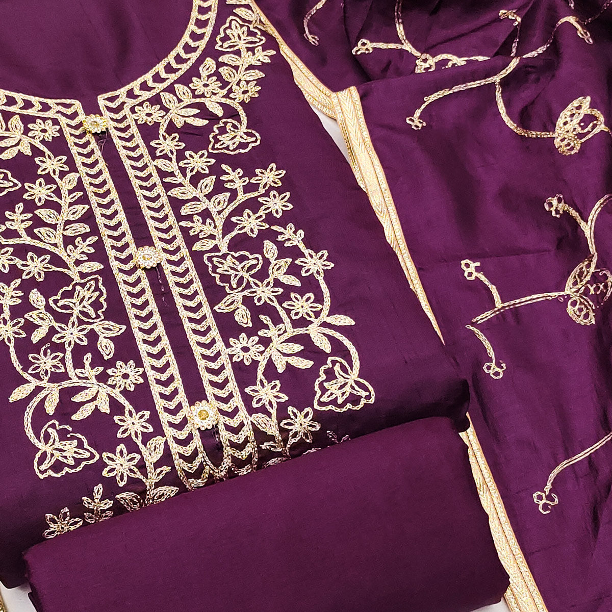 Wine Floral Embroidered Art Silk Dress Material