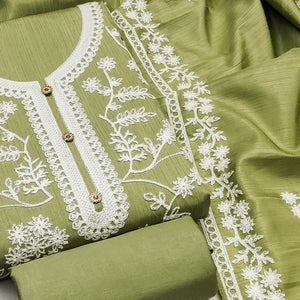 Green Floral Embroidered Art Silk Dress Material