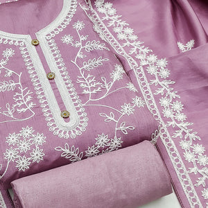 Onion Pink Floral Embroidered Art Silk Dress Material