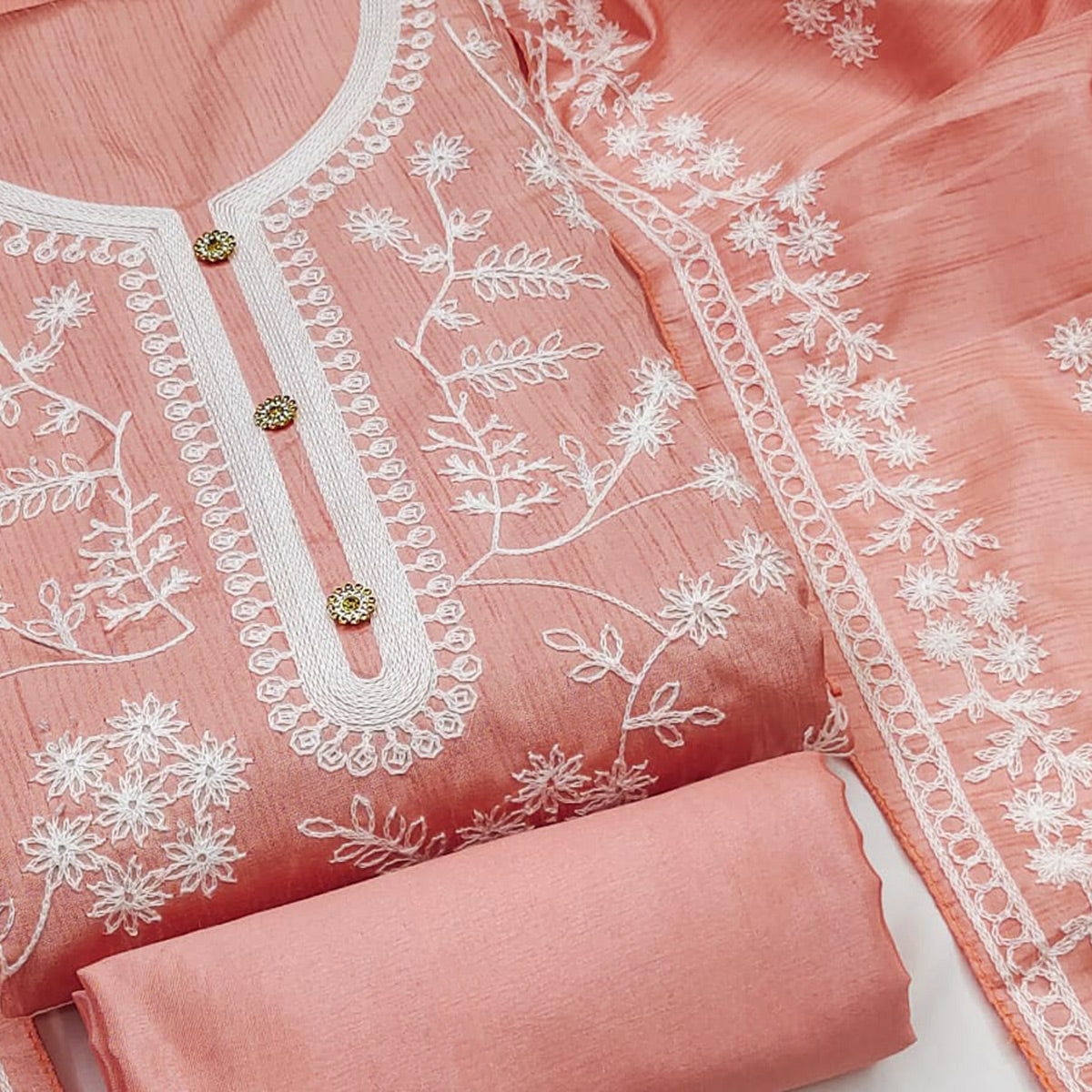 Peach Floral Embroidered Art Silk Dress Material