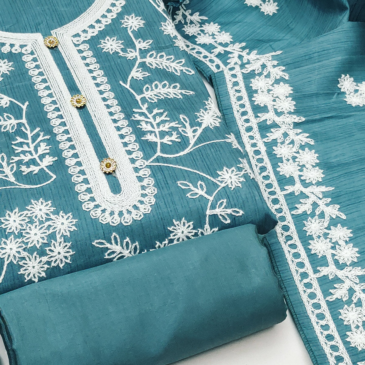 Rama Blue Floral Embroidered Art Silk Dress Material