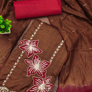 Brown Floral Sequins Embroidered Art Silk Dress Material