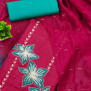 Pink Floral Sequins Embroidered Art Silk Dress Material