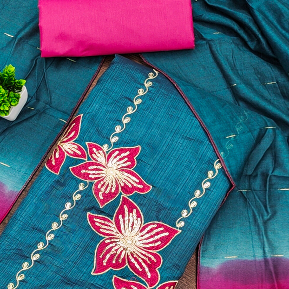 Rama Blue Floral Sequins Embroidered Art Silk Dress Material