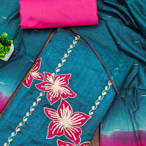 Rama Blue Floral Sequins Embroidered Art Silk Dress Material