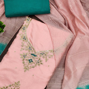 Peach Floral Sequins Embroidered Art Silk Dress Material