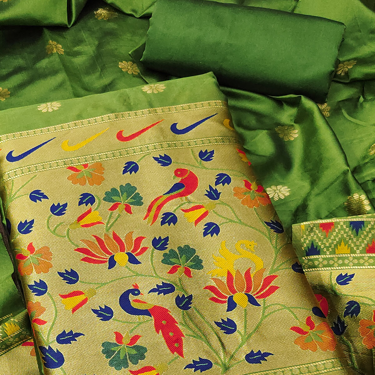 Green Floral Woven Paithani Banarasi Silk Dress Material