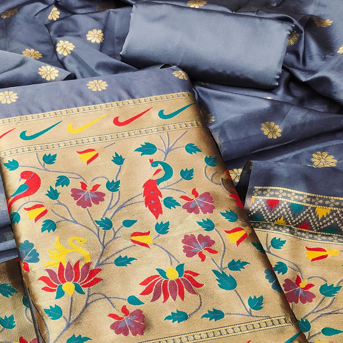 Grey Floral Woven Paithani Banarasi Silk Dress Material