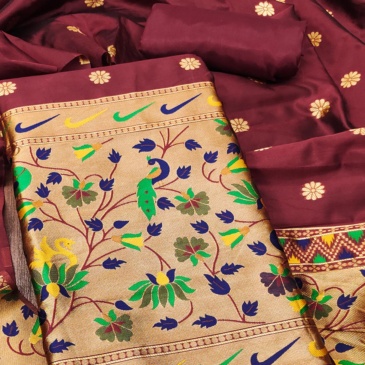 Maroon Floral Woven Paithani Banarasi Silk Dress Material
