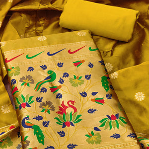 Mustard Floral Woven Paithani Banarasi Silk Dress Material