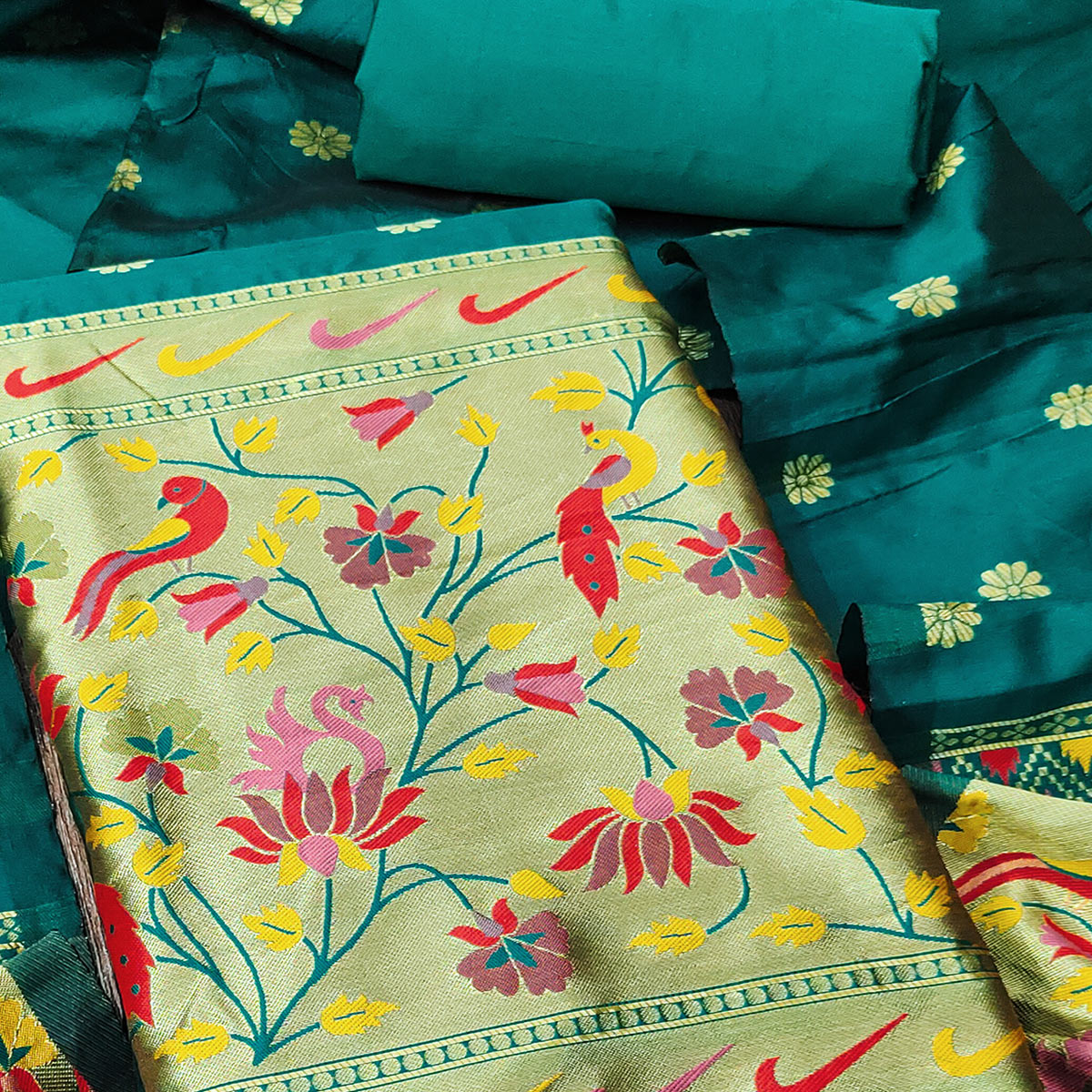 Rama Green Floral Woven Paithani Banarasi Silk Dress Material