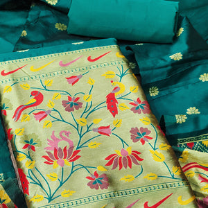 Rama Green Floral Woven Paithani Banarasi Silk Dress Material