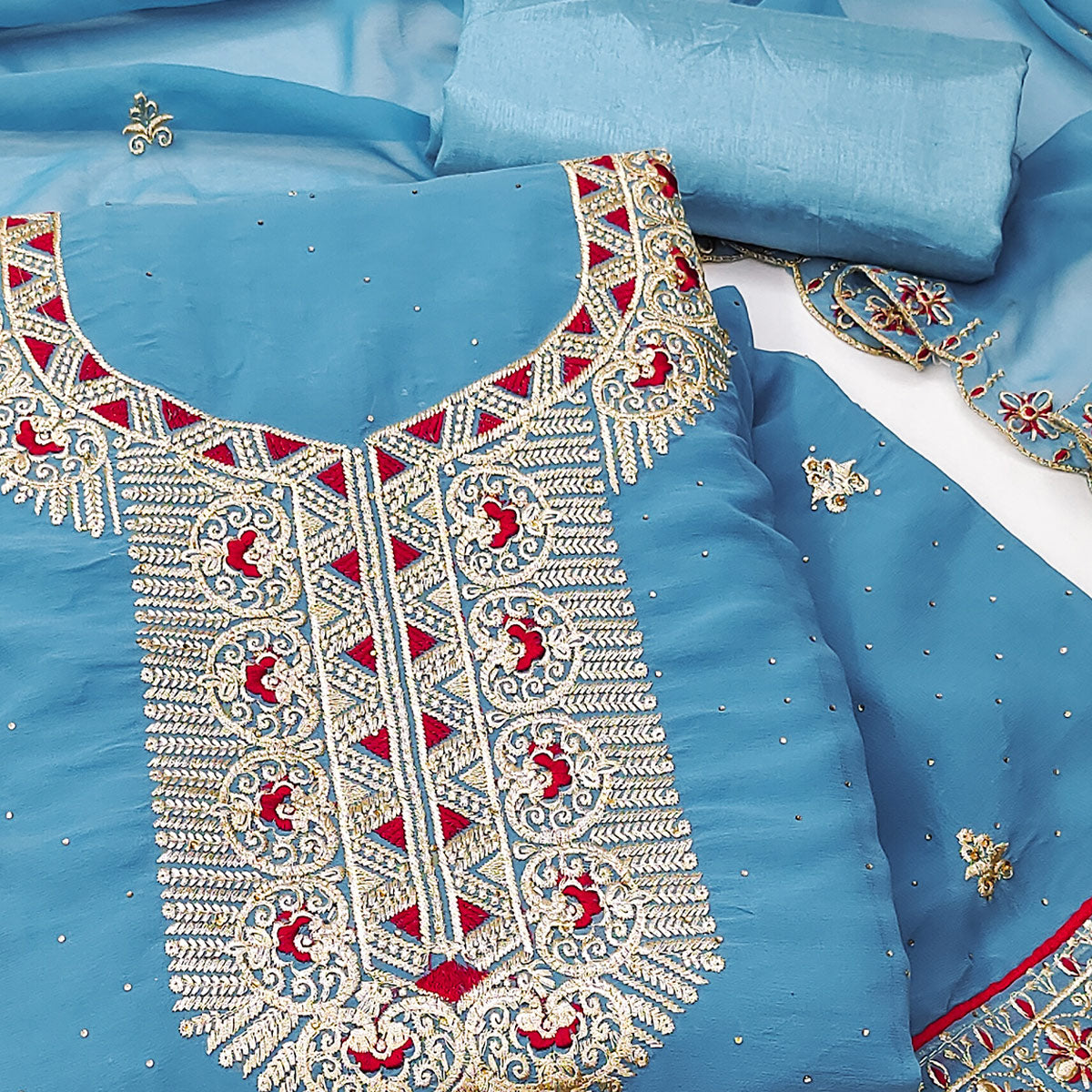Blue Floral Embroidered With Stonework Georgette Dress Material