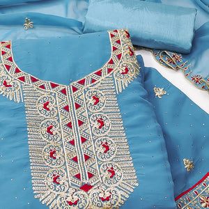 Blue Floral Embroidered With Stonework Georgette Dress Material