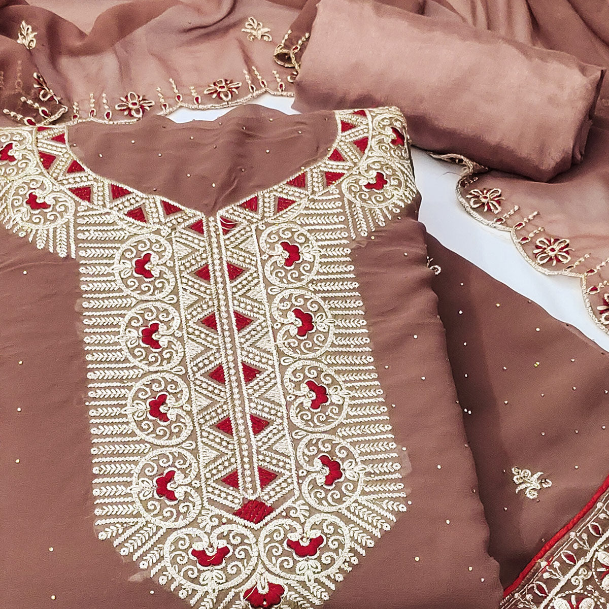 Brown Floral Embroidered With Stonework Georgette Dress Material
