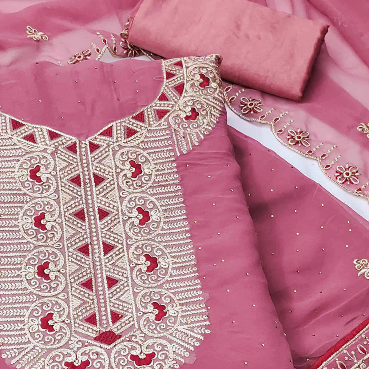 Pink Floral Embroidered With Stonework Georgette Dress Material