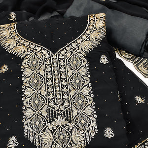 Black Floral Embroidered With Stonework Georgette Dress Material