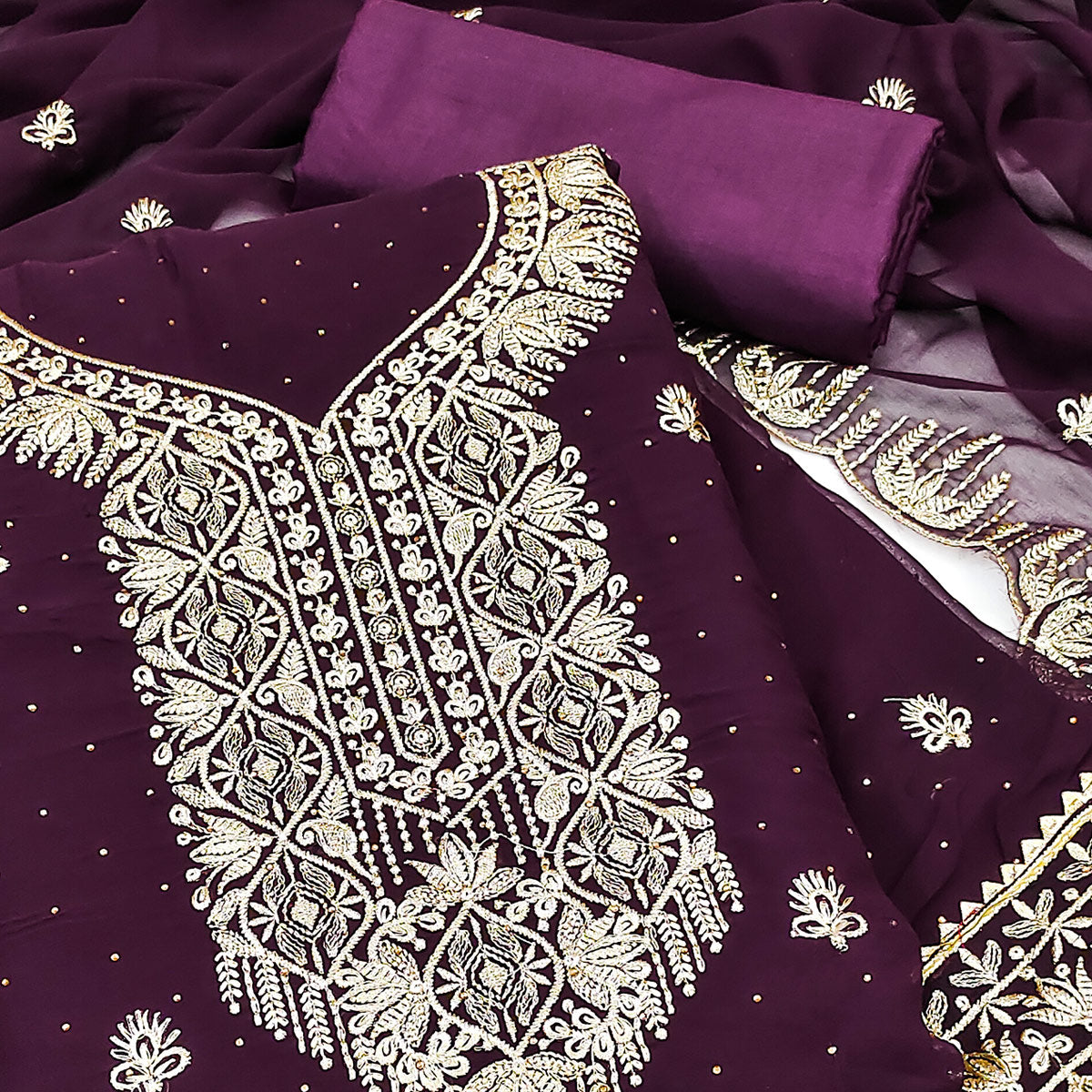 Wine Floral Embroidered With Stonework Georgette Dress Material