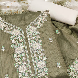 Green Floral Sequins Embroidered Art Silk Dress Material