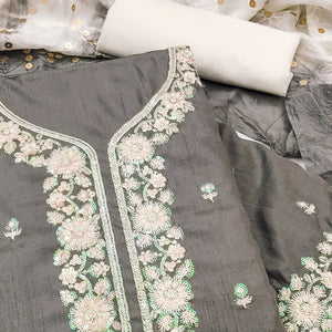 Grey Floral Sequins Embroidered Art Silk Dress Material