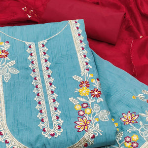 Blue Floral Sequins Embroidered Art Silk Dress Material