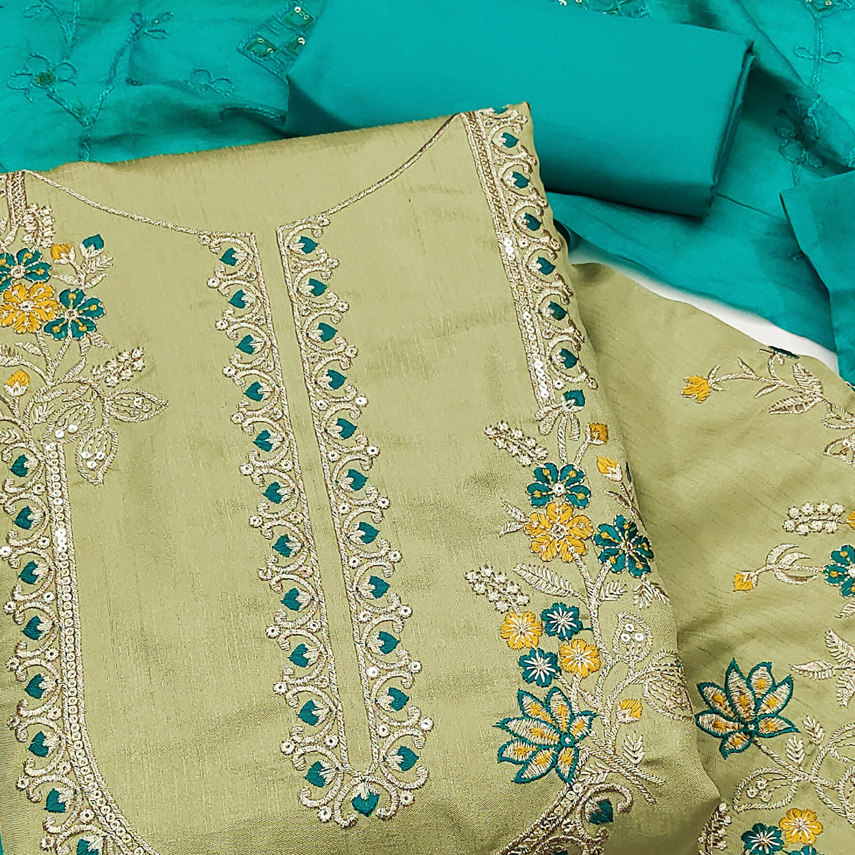 Green Floral Sequins Embroidered Art Silk Dress Material