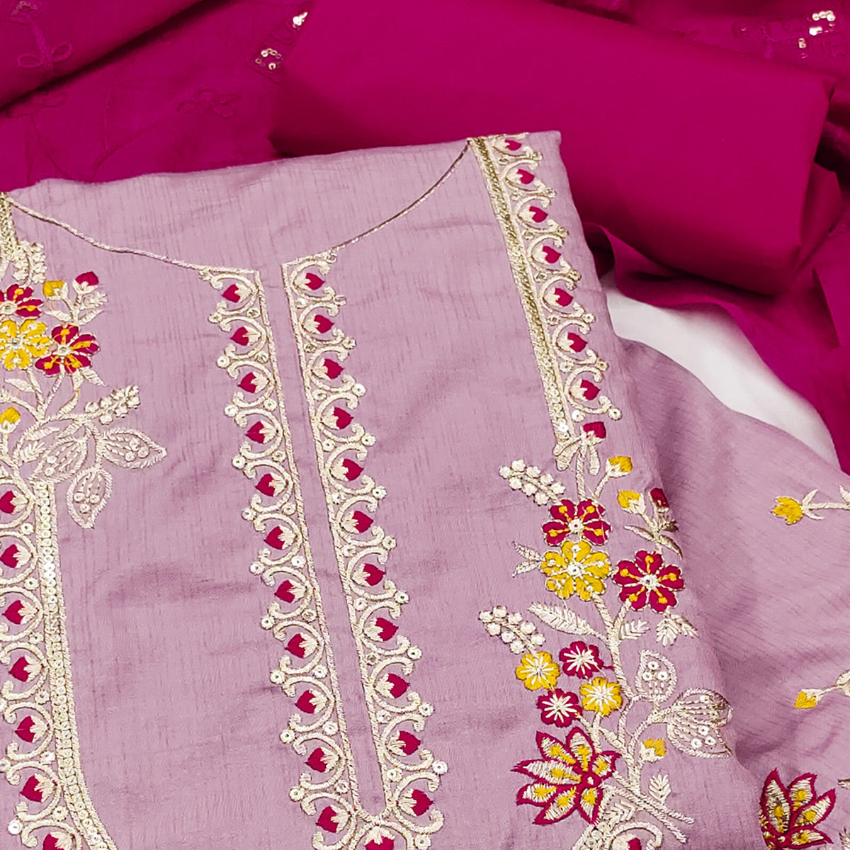 Pink Floral Sequins Embroidered Art Silk Dress Material