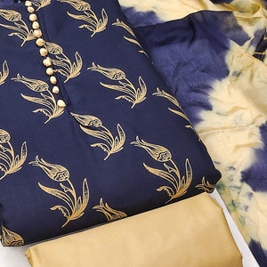 Navy Blue Floral Printed Slub Cotton Dress Material