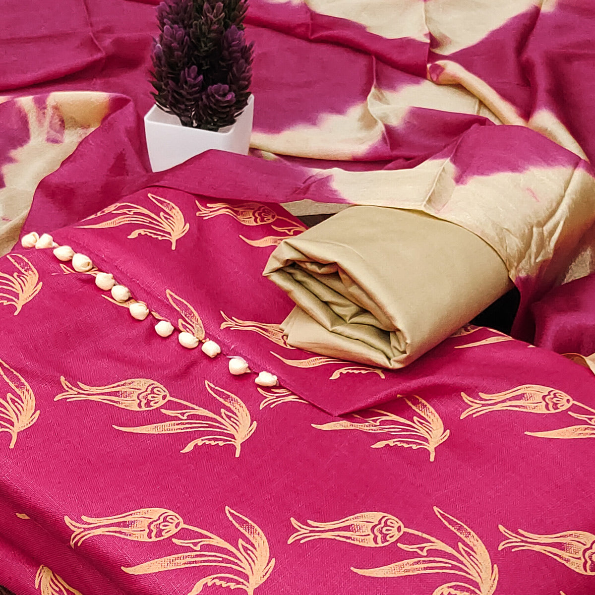 Rani Pink Floral Printed Slub Cotton Dress Material