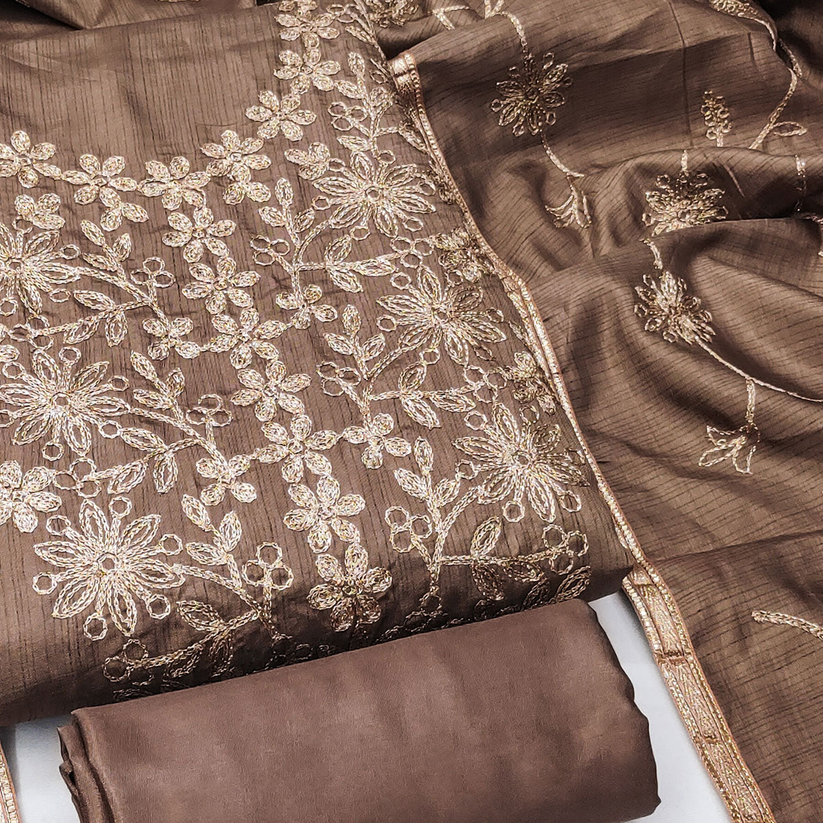 Chikoo Floral Embroidered Art Silk Dress Material