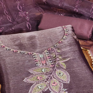 Purple Floral Sequins Embroidered Banarasi Silk Dress Material