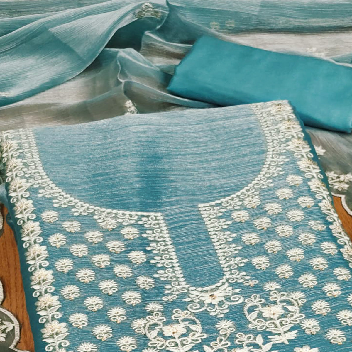 Blue Floral Embroidered Burberry Zoya Silk Dress Material