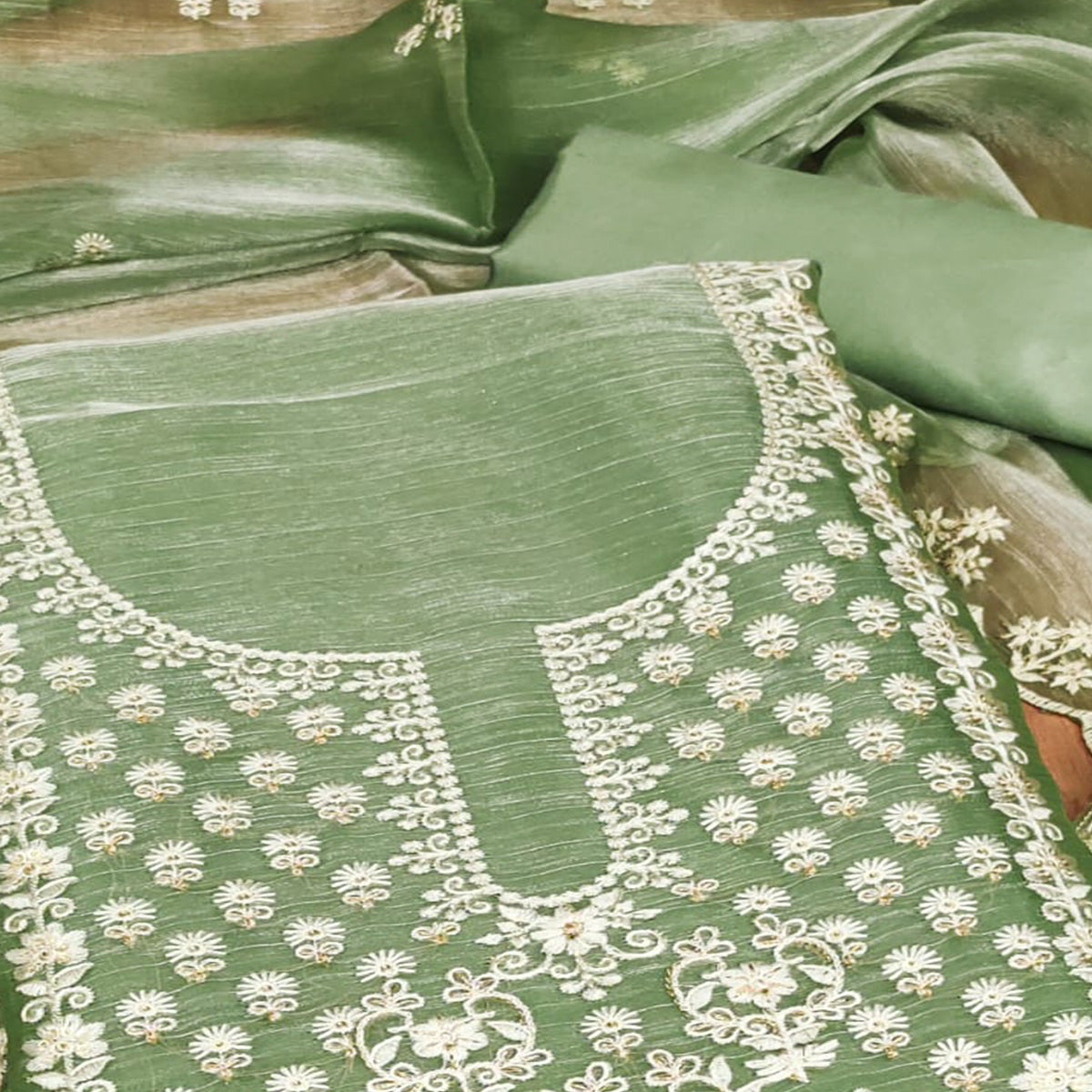 Green Floral Embroidered Burberry Zoya Silk Dress Material