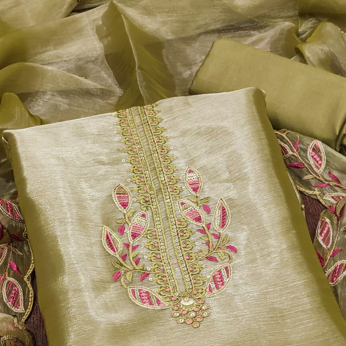 Green Floral Sequins Embroidered Burberry Zoya Silk Dress Material