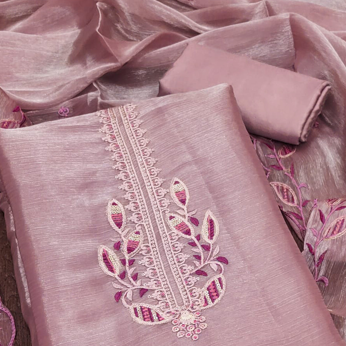 Onion Pink Floral Sequins Embroidered Burberry Zoya Silk Dress Material