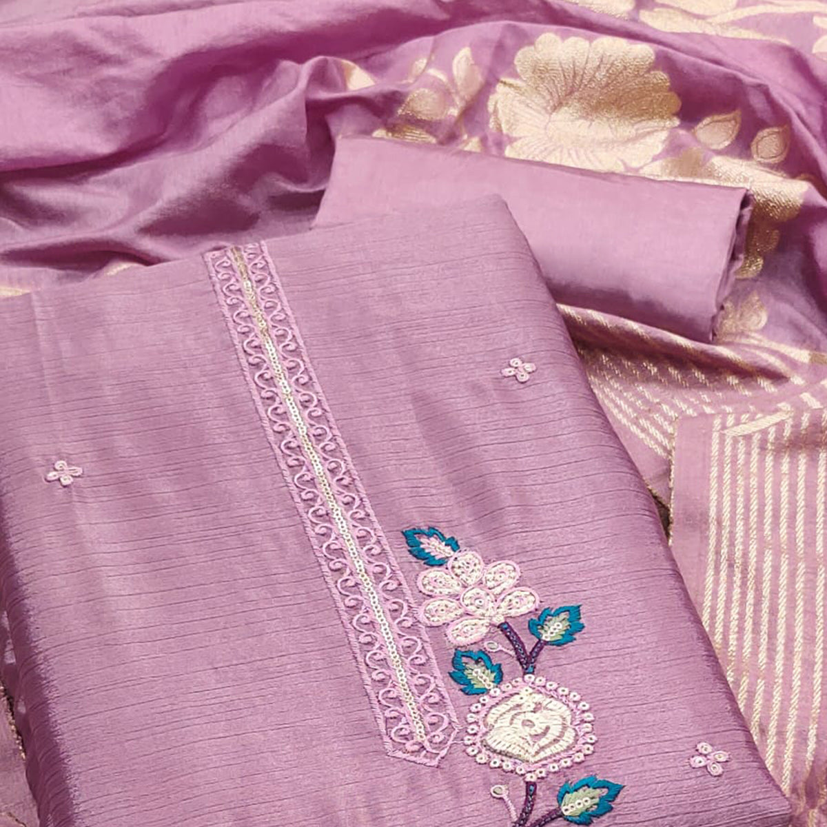 Lilac Purple Floral Embroidered Chinon Silk Dress Material