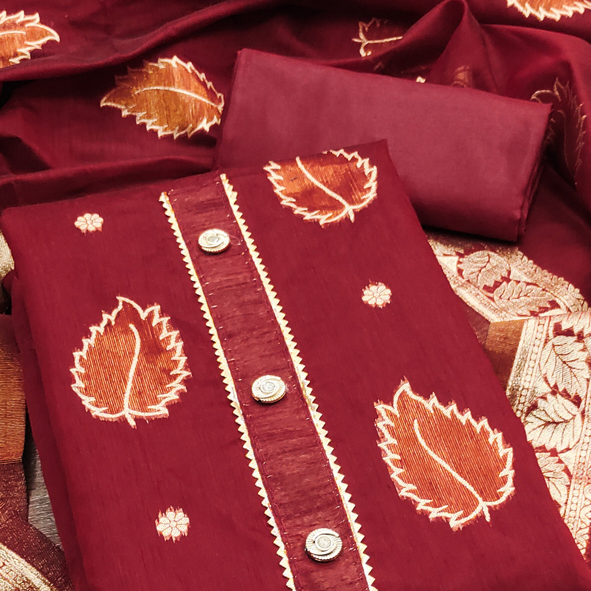 Maroon Floral Woven Shimmer Jacquard Dress Material