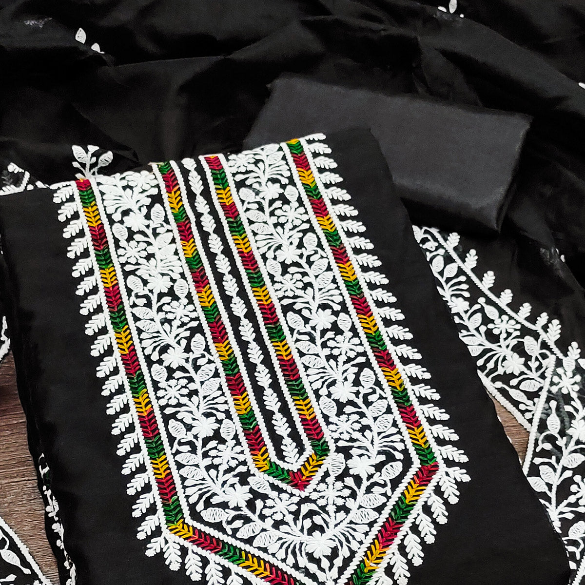 Black Floral Embroidered Modal Chanderi Silk Dress Material