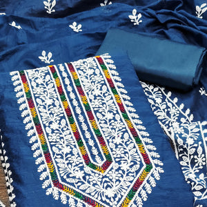Blue Floral Embroidered Modal Chanderi Silk Dress Material