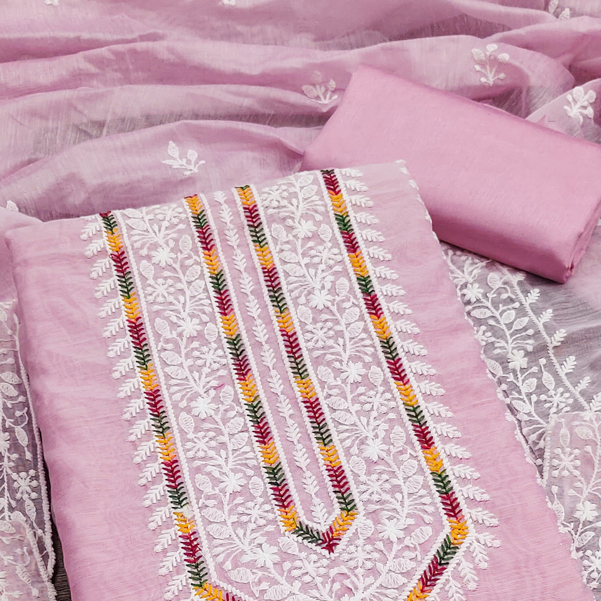 Pink Floral Embroidered Modal Chanderi Silk Dress Material