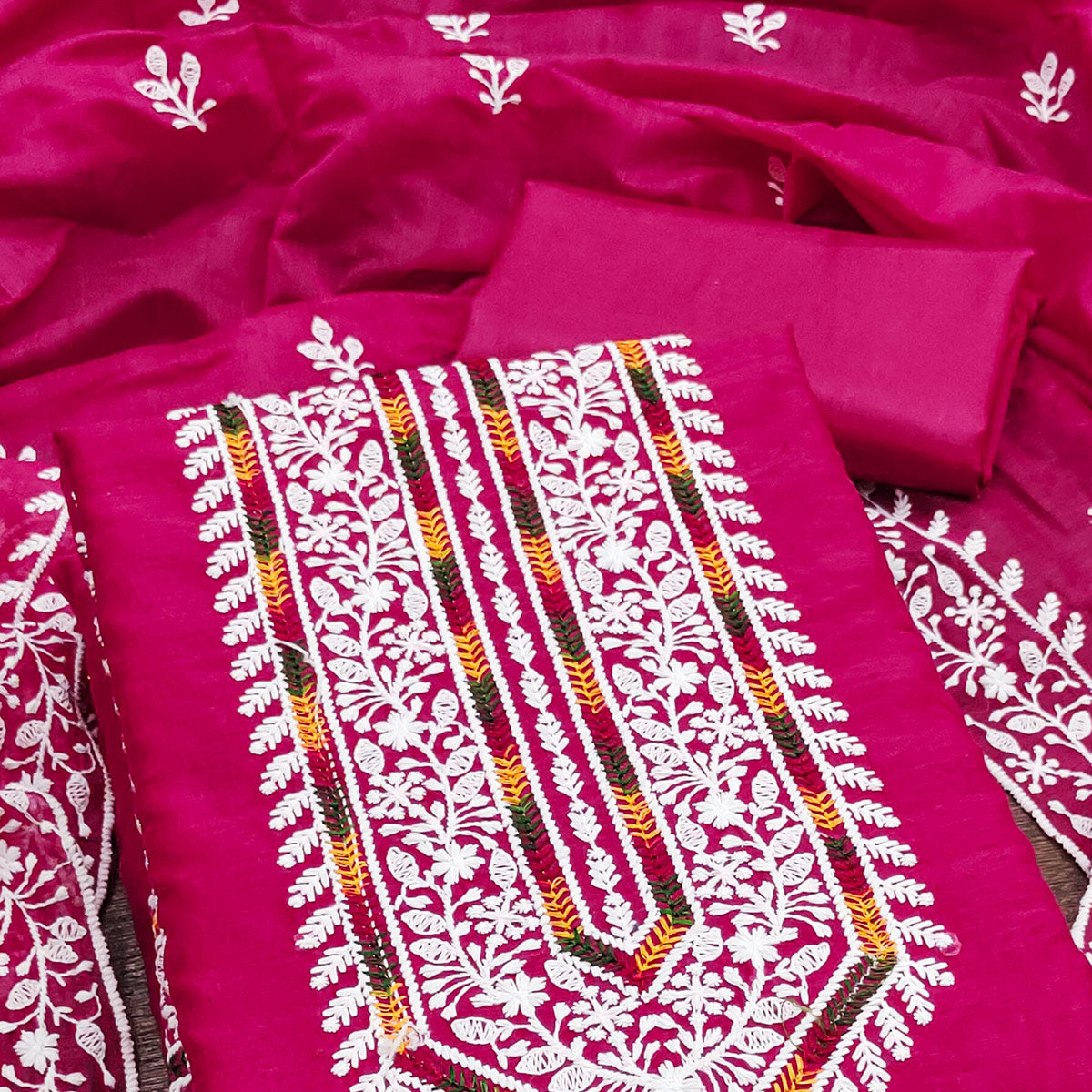 Rani Pink Floral Embroidered Modal Chanderi Silk Dress Material
