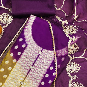 Purple Floral Woven Organza Jacquard Dress Material