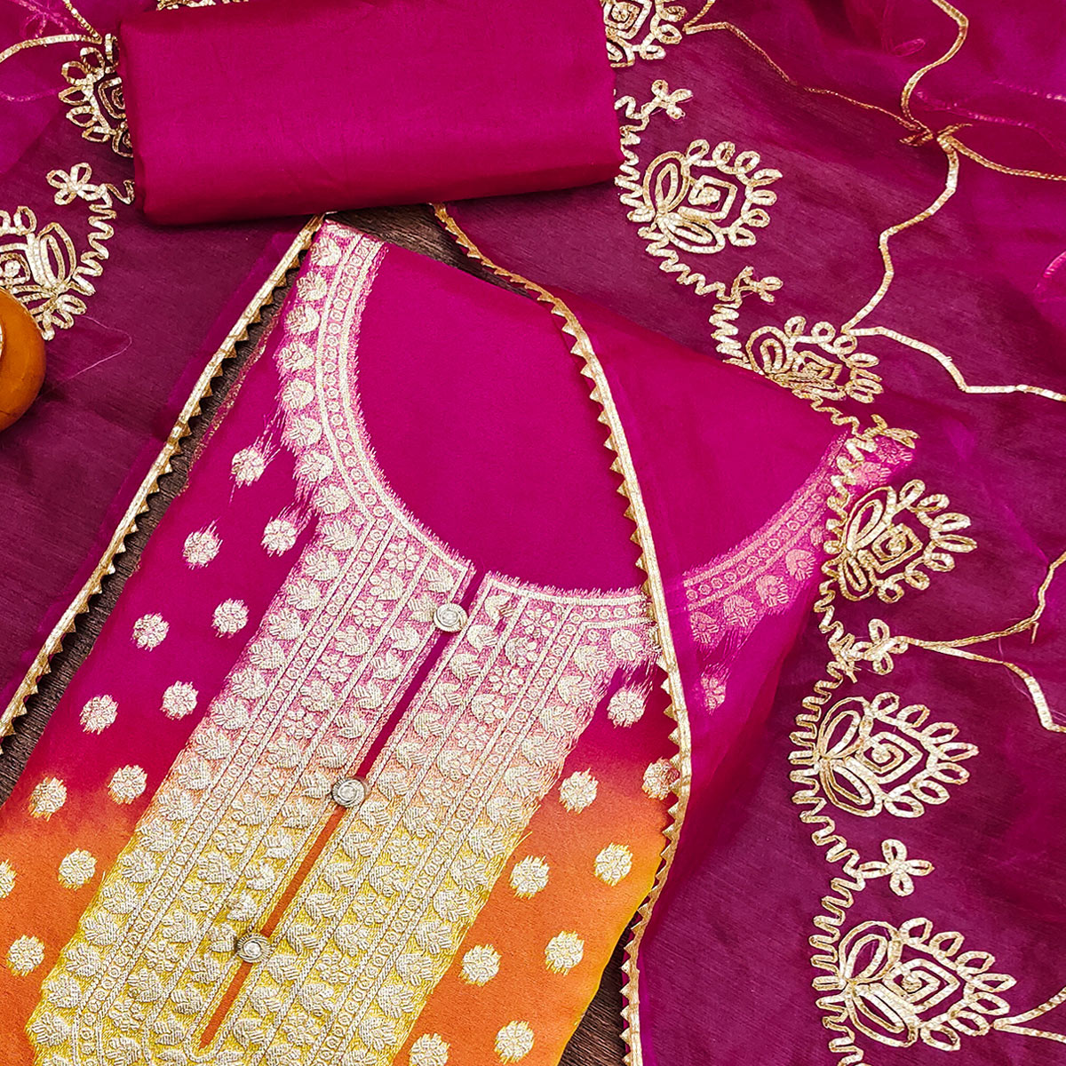 Rani Pink Floral Woven Organza Jacquard Dress Material