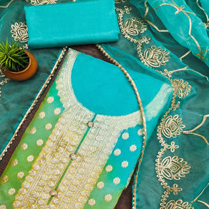 Turquoise Floral Woven Organza Jacquard Dress Material