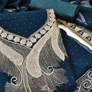 Morpich Blue Embroidered With Swarovski Work Georgette Dress Material
