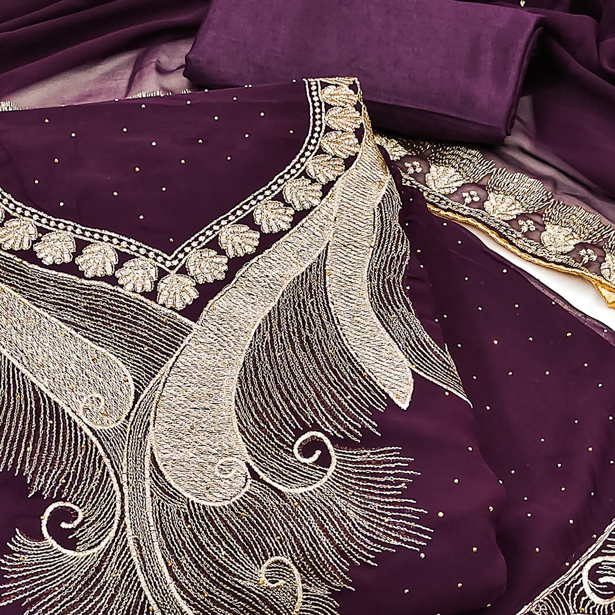 Wine Embroidered With Swarovski Work Georgette Dress Material