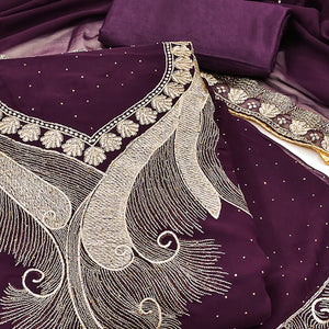 Wine Embroidered With Swarovski Work Georgette Dress Material