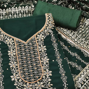 44Green Floral Embroidered Georgette Dress Material